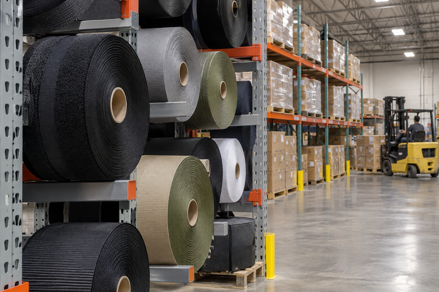 Large rolls of nylon webbing and hook-and-loop fastener material stored upright on steel cantilever rack in a manufacturer's warehouse