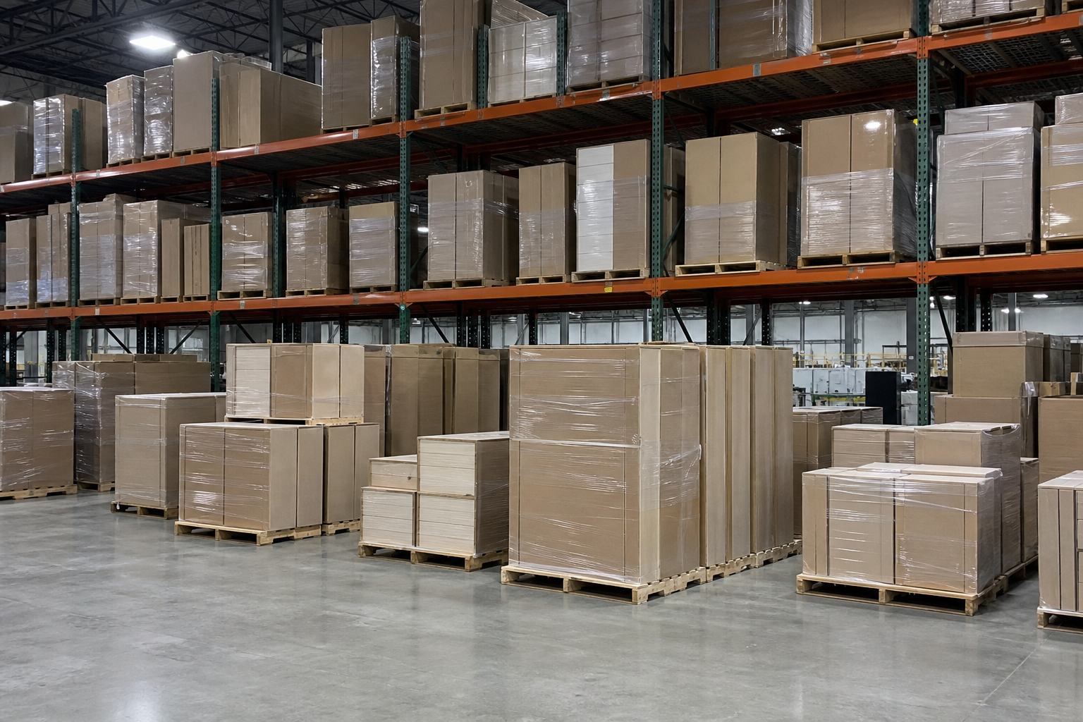 Boxed cabinet assemblies stored on wide-span pallet racking with wire decking