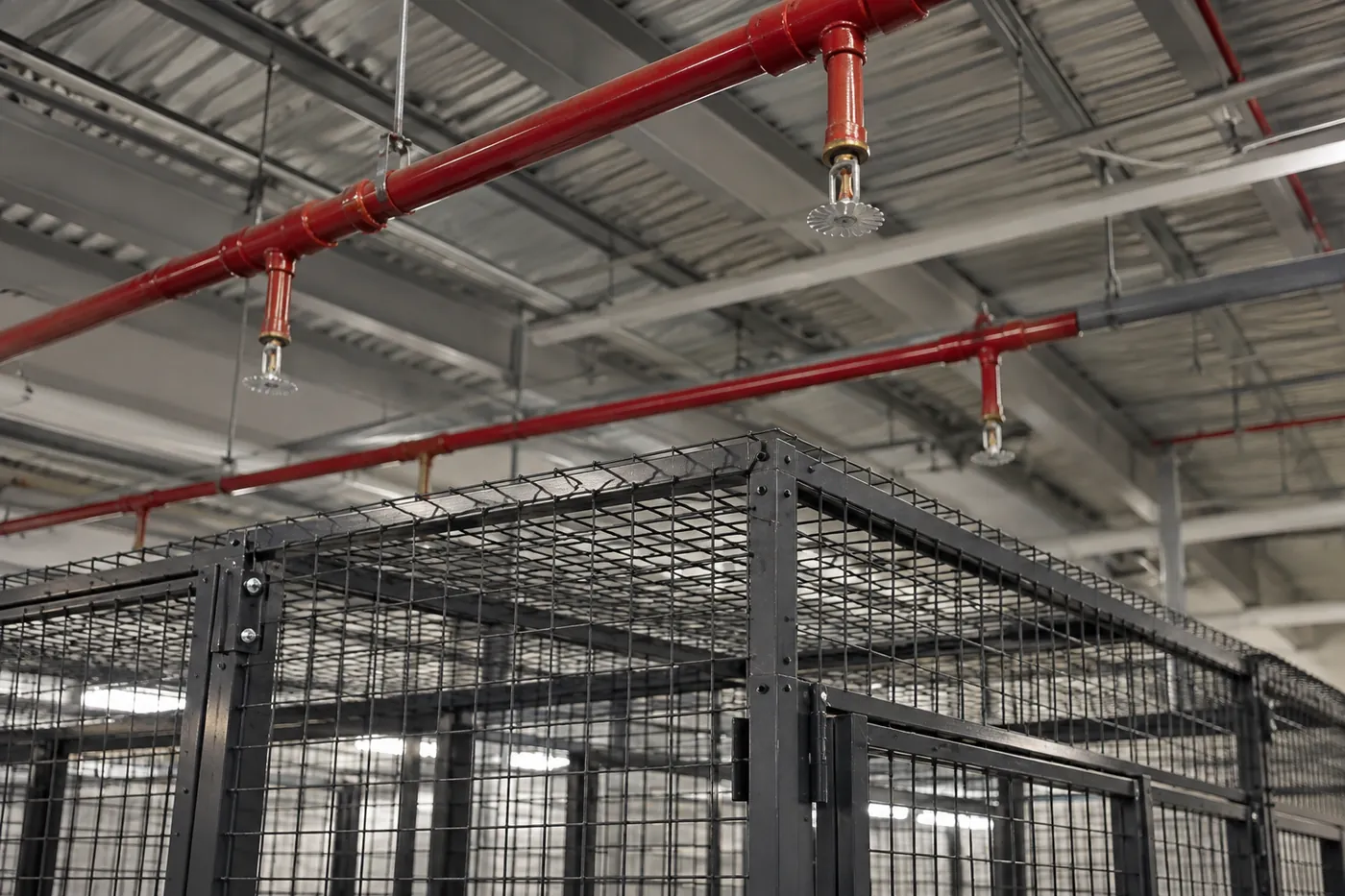 Red fire sprinkler pipes and pendant heads above the open mesh ceiling of a black wire security cage