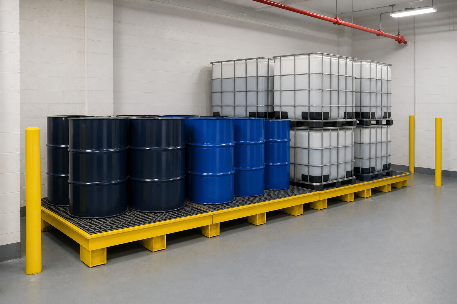 Drums and totes stored on a containment level inside a segregated liquid storage room
