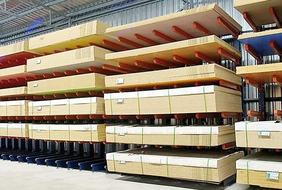 Flat panel bundles resting across several cantilever arms on each level of a single run