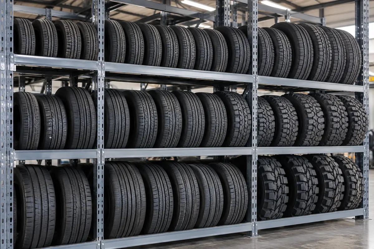 Steel tire rack levels holding a mixed range of fleet tire sizes from light sedan to heavy truck, upright on their tread
