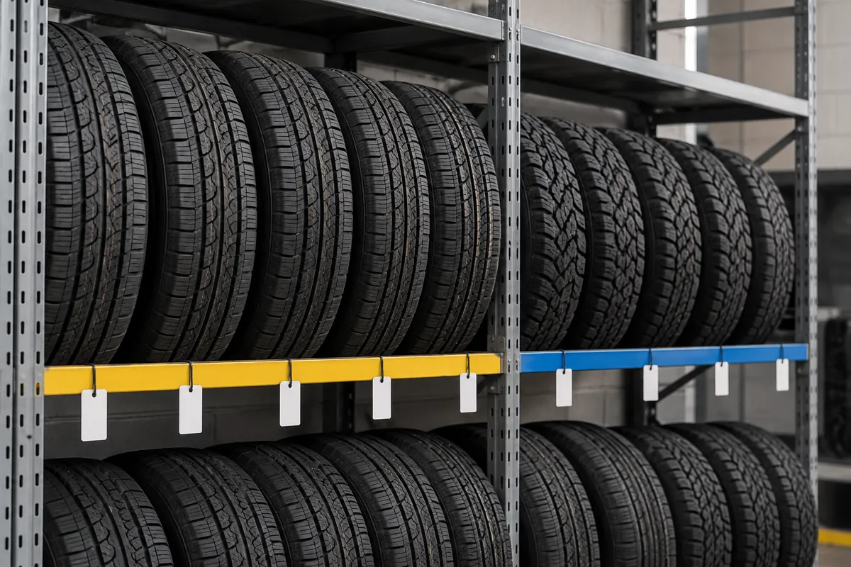 Steel racking bays holding both summer and winter fleet tire sets upright on tread in separate labelled sections