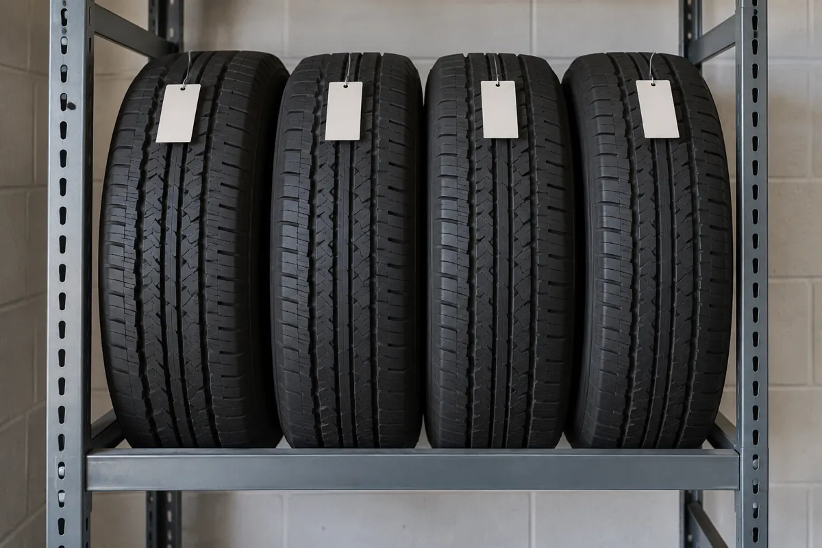 A set of four fleet vehicle tires kept together on one rack level, upright on tread, with blank unit tags attached