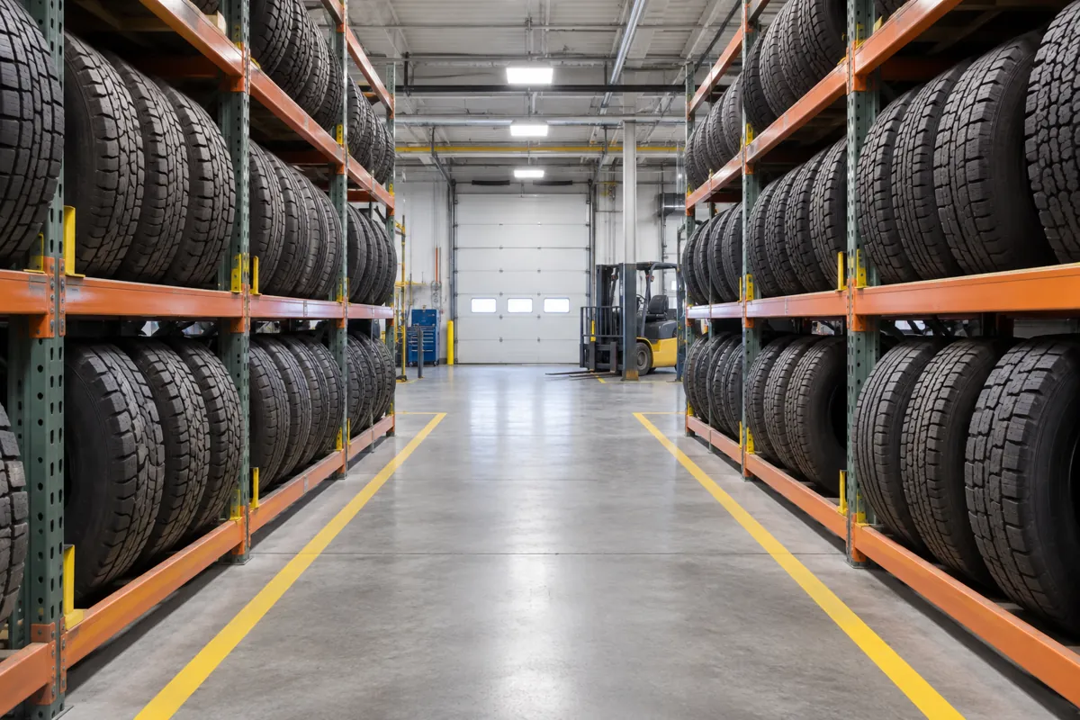 Wide forklift aisle between two rows of heavy steel tire racking in a municipal garage, tires upright on their tread