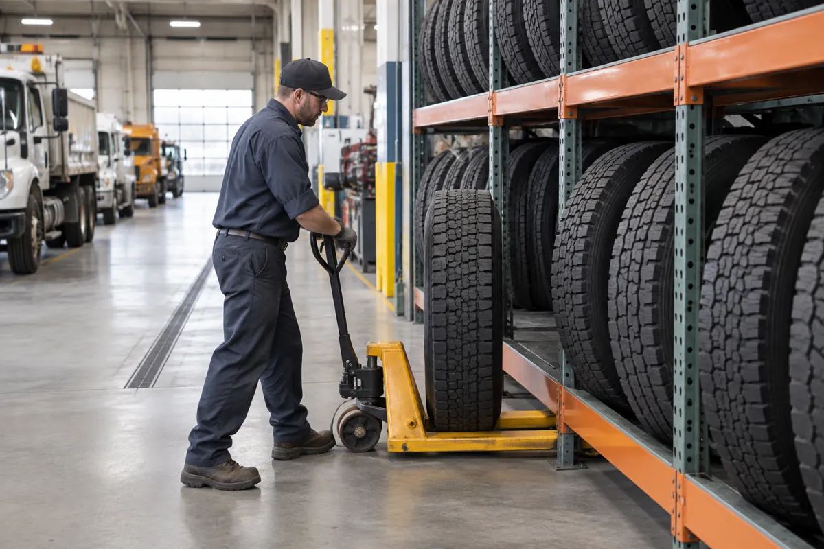 A worker moving a heavy commercial tire toward a steel rack level in a wide municipal garage aisle, tires stored upright on tread
