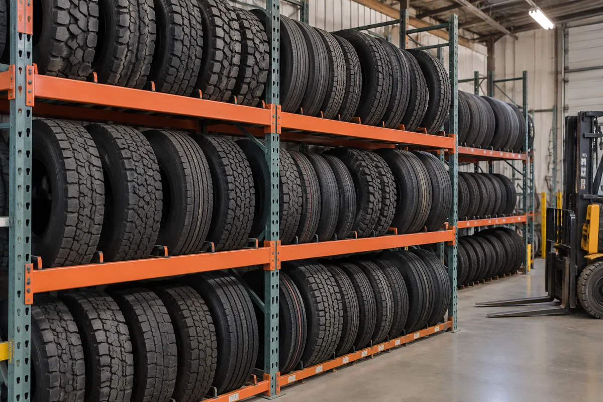 A heavy-duty steel tire rack run in a public works garage holding large commercial truck and mixed fleet tires upright on tread with a forklift aisle in front