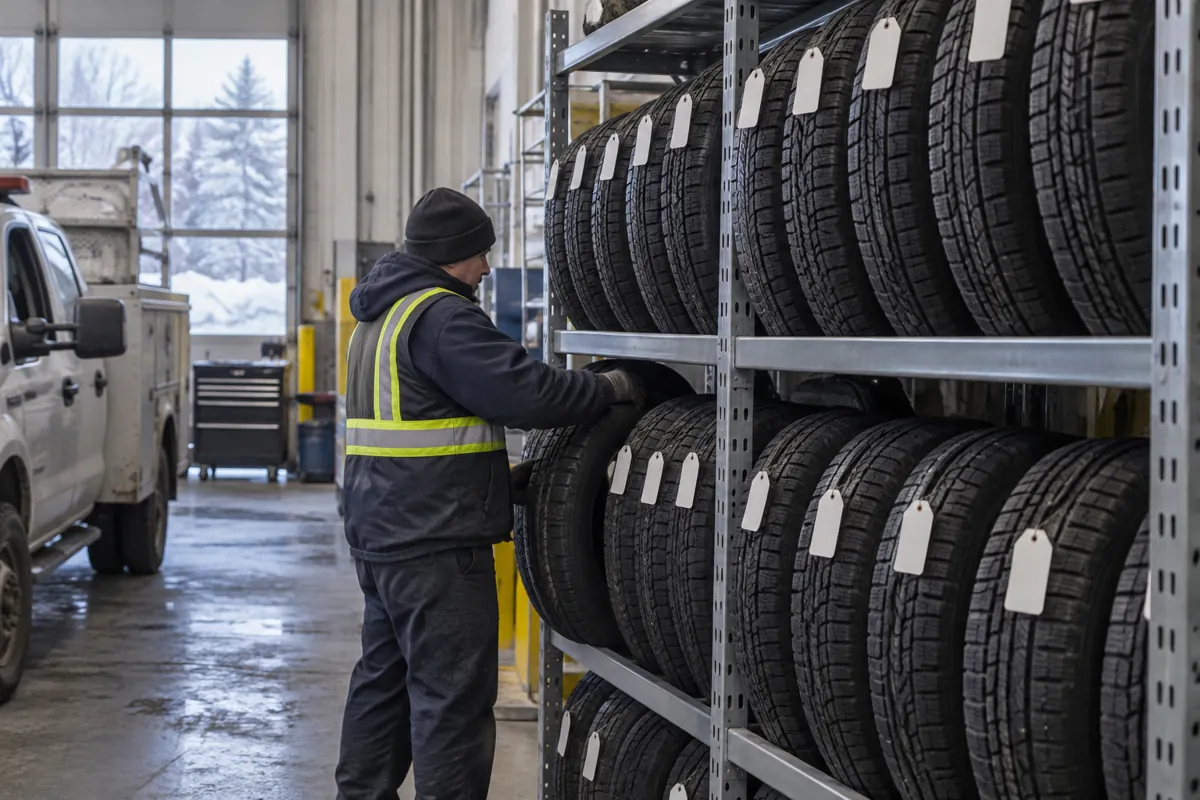 A municipal fleet garage during winter tire changeover with steel racking holding labelled fleet vehicle tire sets upright on tread