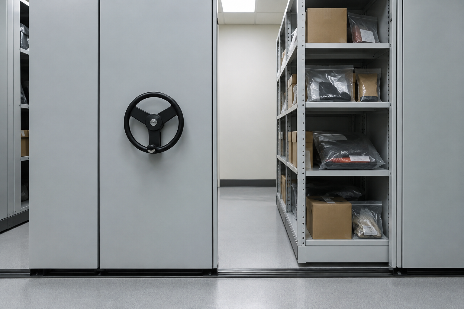 Mobile shelving carriage with solid back panels and four shelf levels in a forensic laboratory storage room
