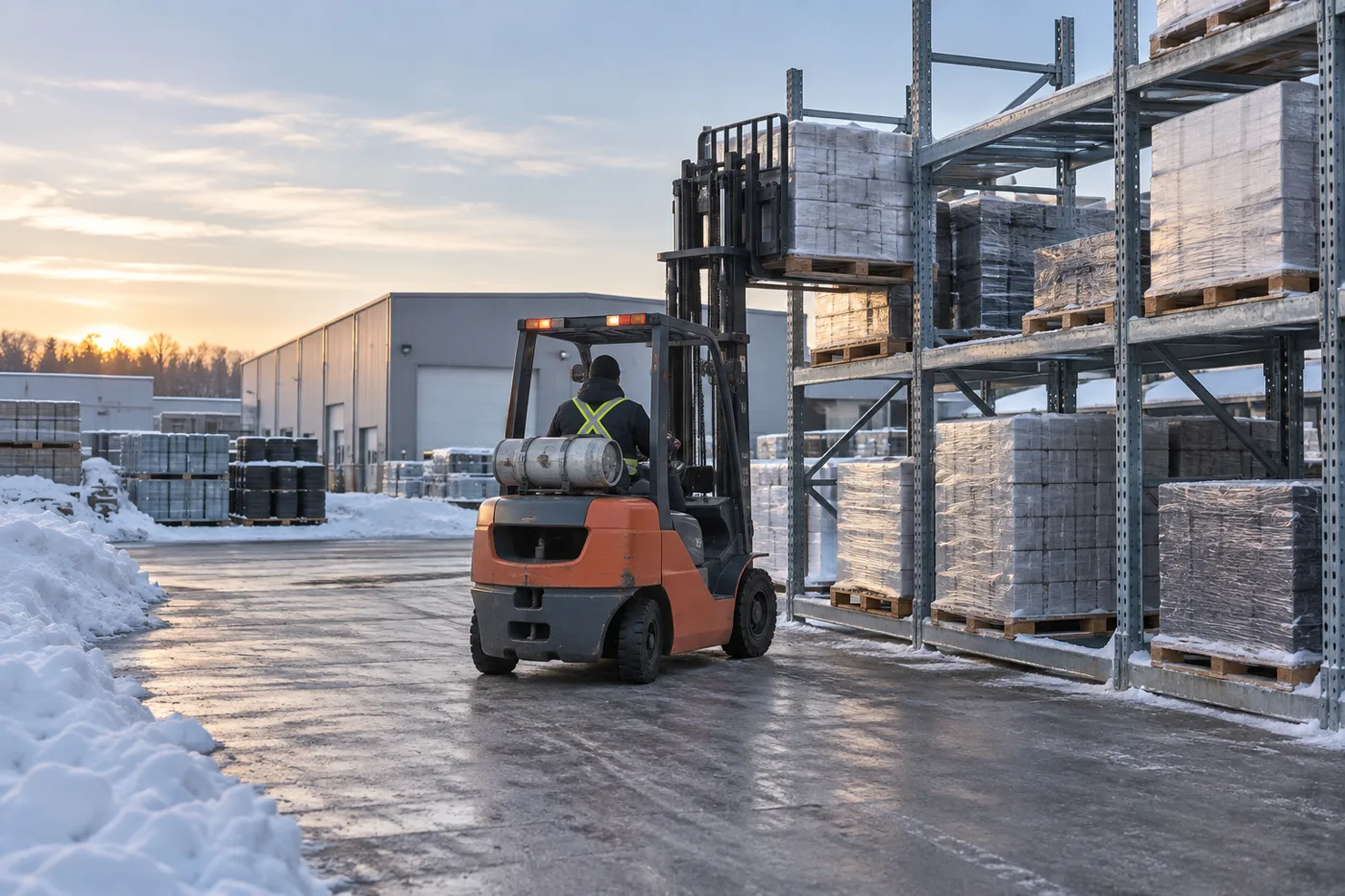 Forklift placing a wrapped pallet on outdoor galvanized pallet rack with snow plowed to the side of the aisle