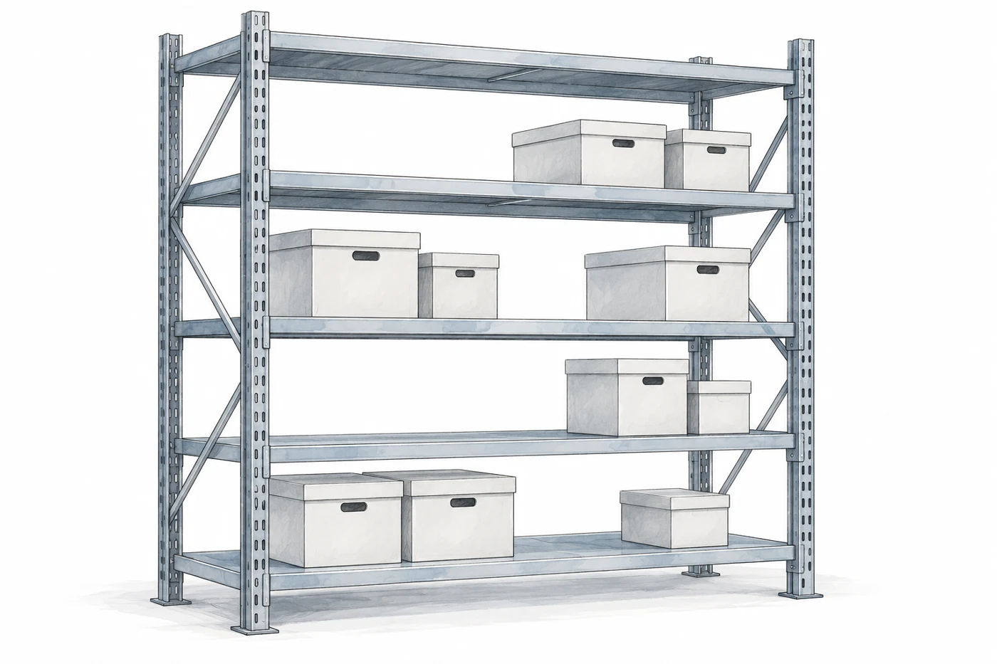 Technical perspective drawing of freestanding four-post solid steel shelving, visibly four upright posts, adjustable shelves, side bracing and several plain archive boxes