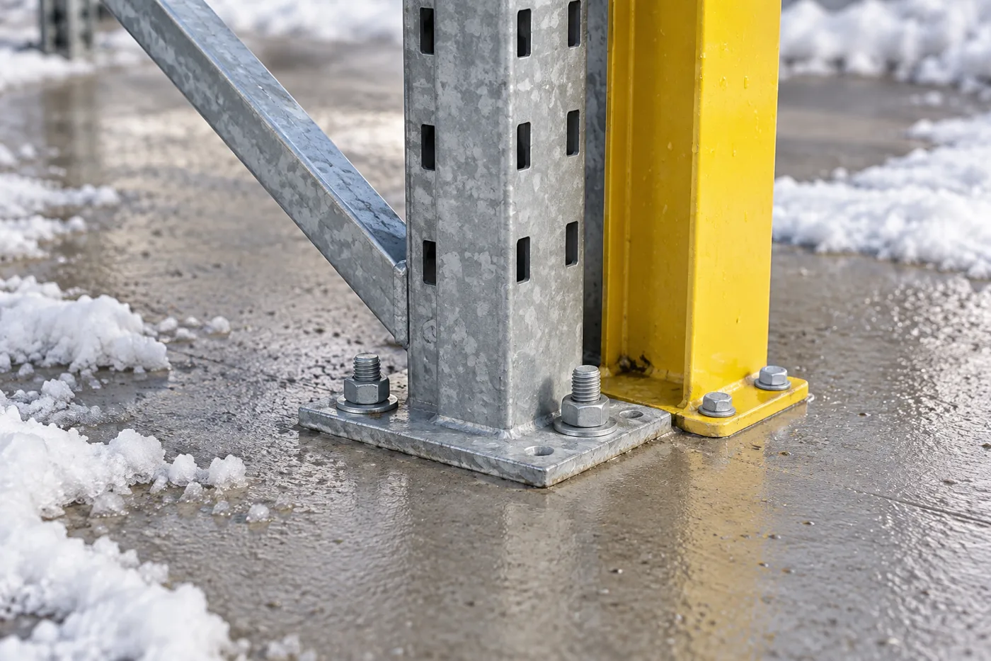 Hot-dip galvanized pallet rack base plate with anchor bolts on a wet outdoor concrete pad with snow and salt residue