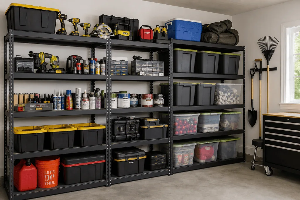 Boltless steel shelving holding fluids, consumables and bins in a fleet garage