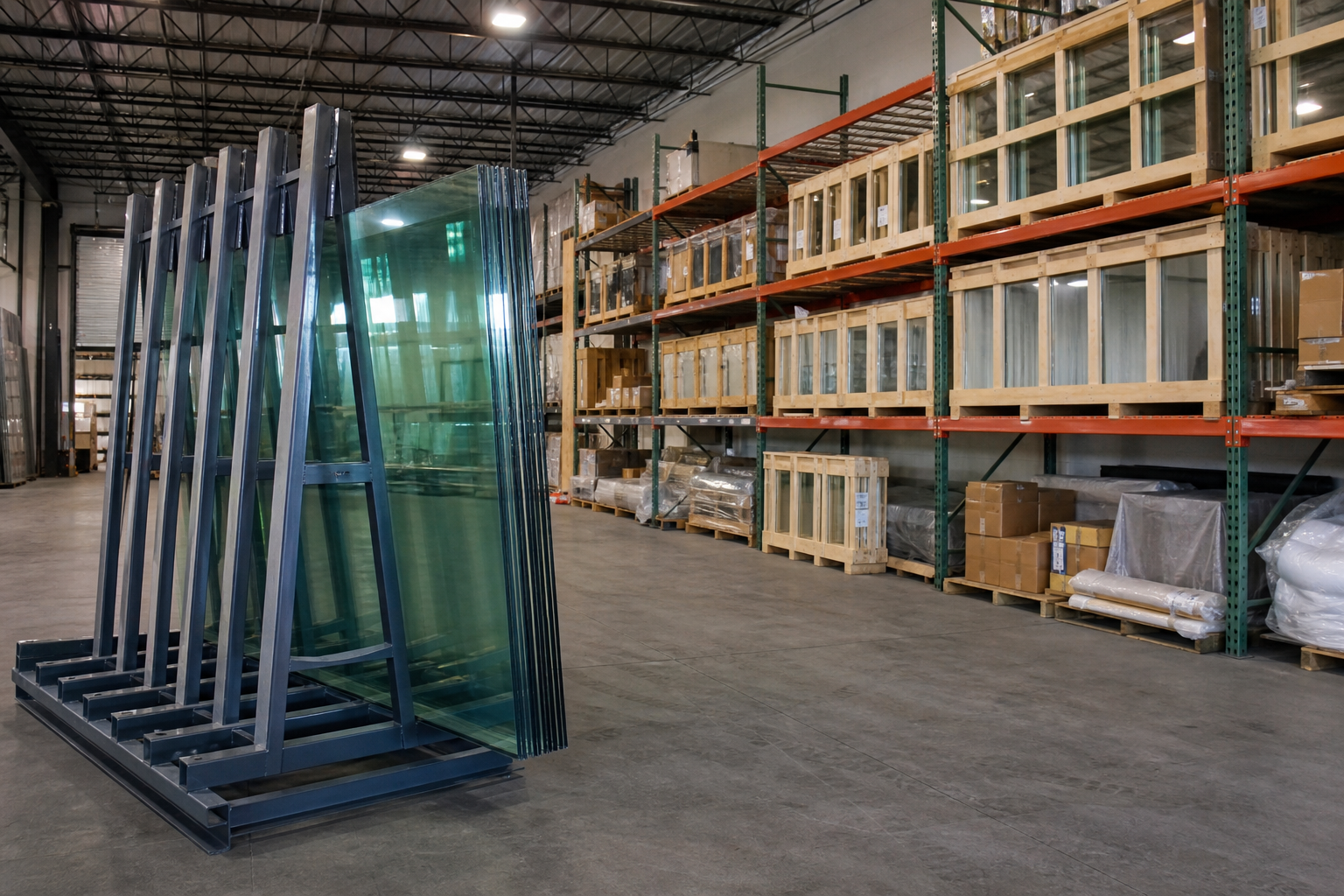 Glass lites on a steel A-frame harp rack beside pallet racking holding crated glass in a warehouse