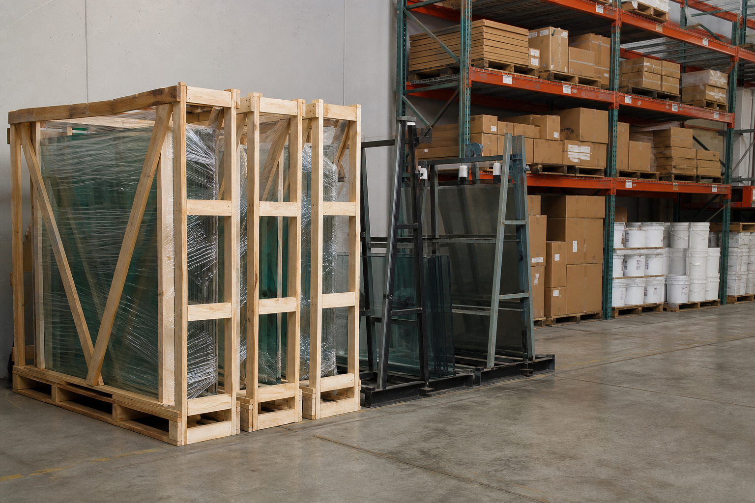 Wooden glass shipping crates and steel stillages standing beside structural pallet racking