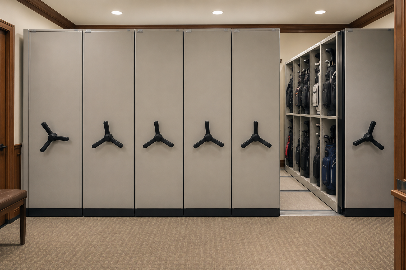 Front-facing mobile storage shelving carriage ends with handwheels in a golf club pro shop bag room