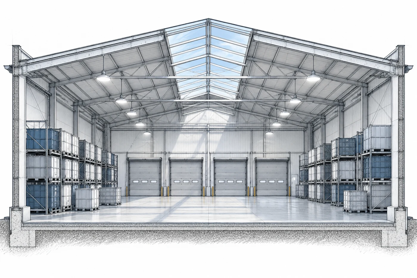 Concept drawing of warehouse section cutaway illustrating roof daylight, ceiling LED lighting, closed loading doors and organized reusable shipping containers, architectural technical drawing.