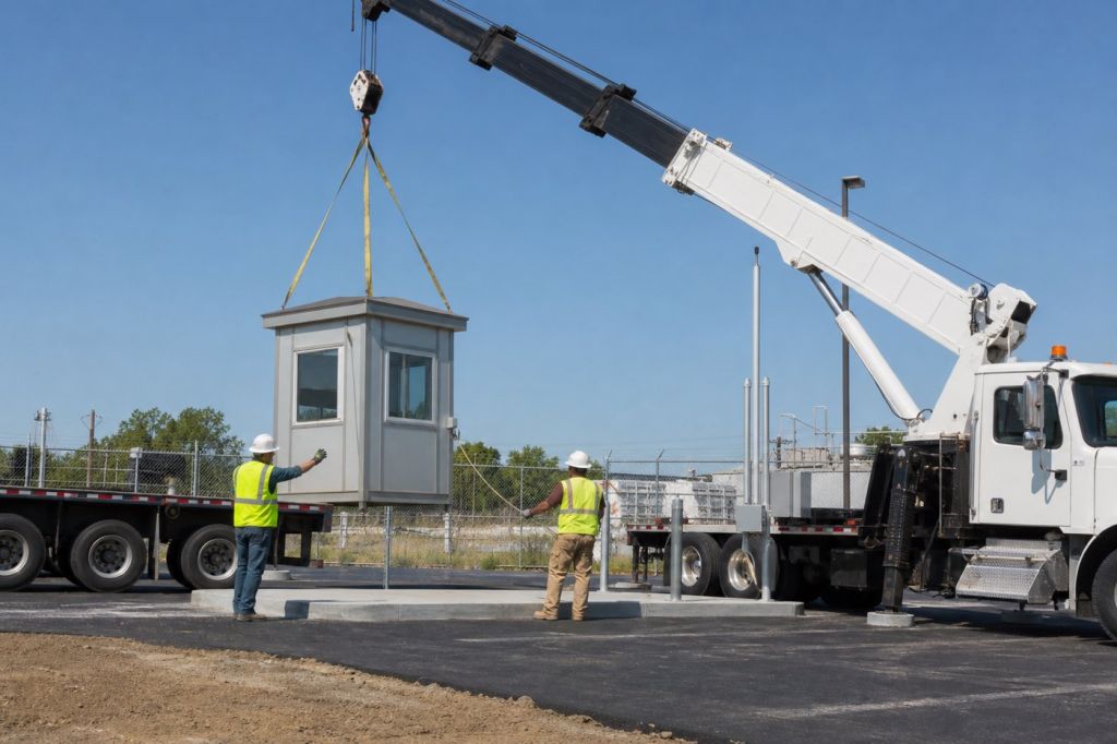 Boom truck lifting a small steel guard booth off a flatbed trailer onto an asphalt pad