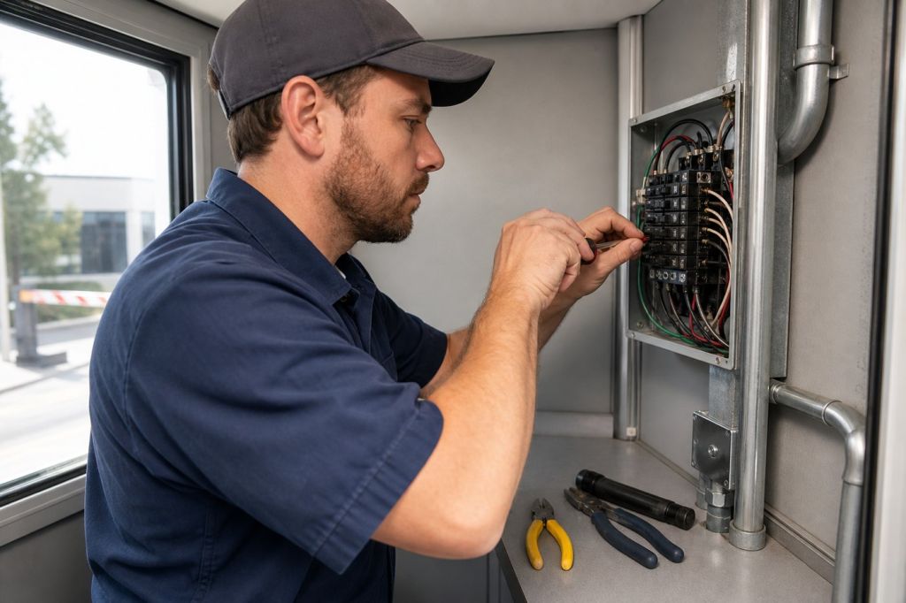Licensed electrician wiring a compact breaker panel inside a small guard booth
