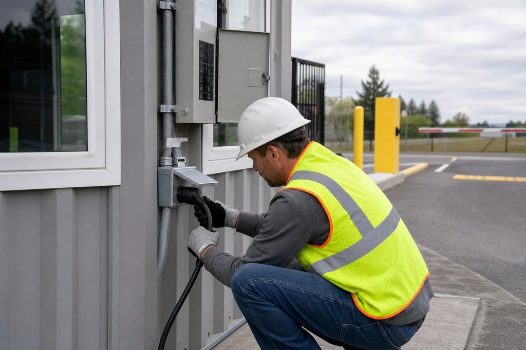 Electrician connecting a power cord to an exterior electrical inlet on a steel guard booth