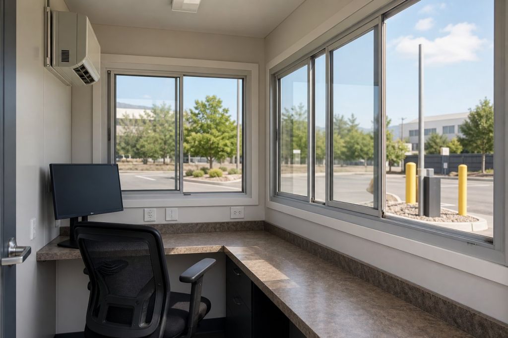 Interior of a small guard booth with counter, monitor, outlets, HVAC unit and sliding windows