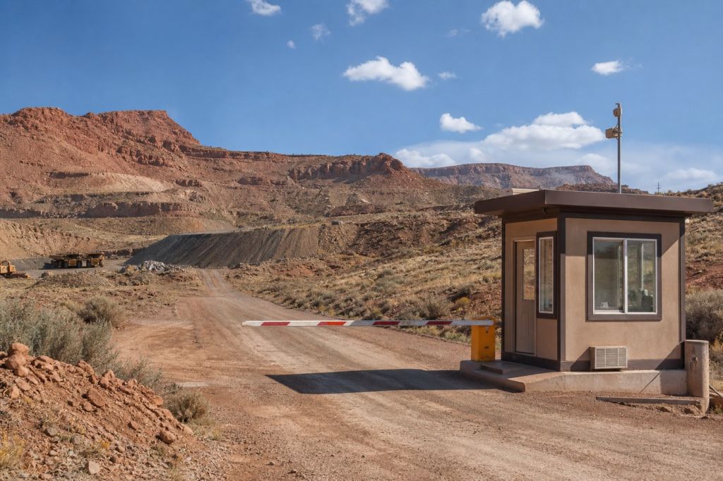 Rugged guard booth at a remote Utah mining operation gate with red rock hills and haul road