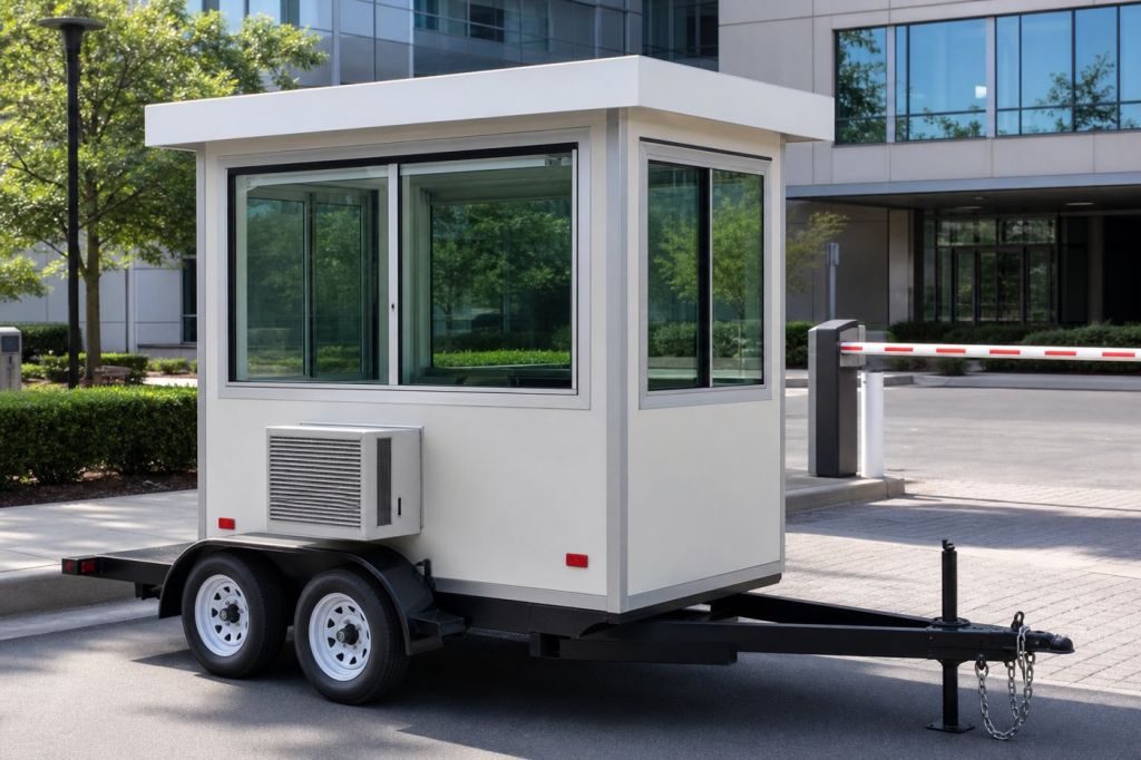 Trailer-mounted guard booth with large windows and a through-wall HVAC unit