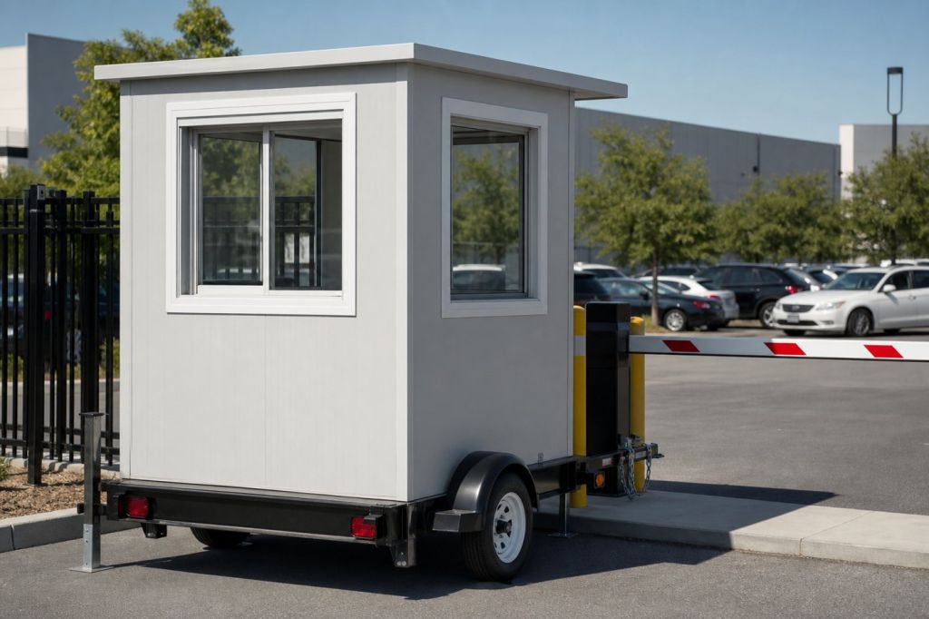 Trailer-mounted guard booth stationed at an industrial facility entrance gate