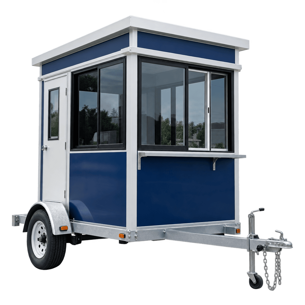 Prefabricated mobile guard booth with sliding transaction window and forklift-liftable steel base