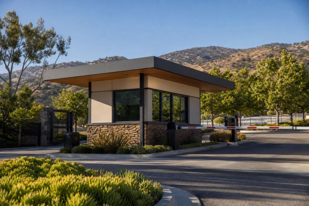 Guard house with a wide roof overhang at a Utah technology campus vehicle entrance with gate arm