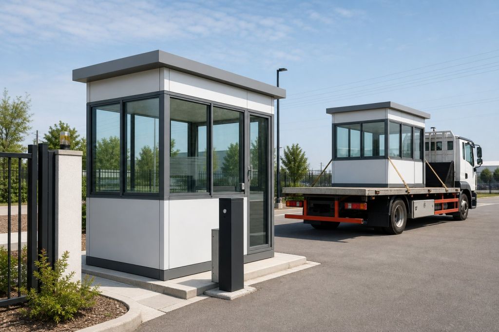Steel security guard booth on a paved lot beside a flatbed truck carrying a second booth