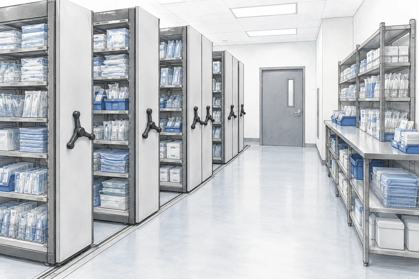 Clean hospital supply storage room with compact mobile shelving holding sealed supply packages and bins, a stationary picking shelf near exit and an unobstructed open aisle
