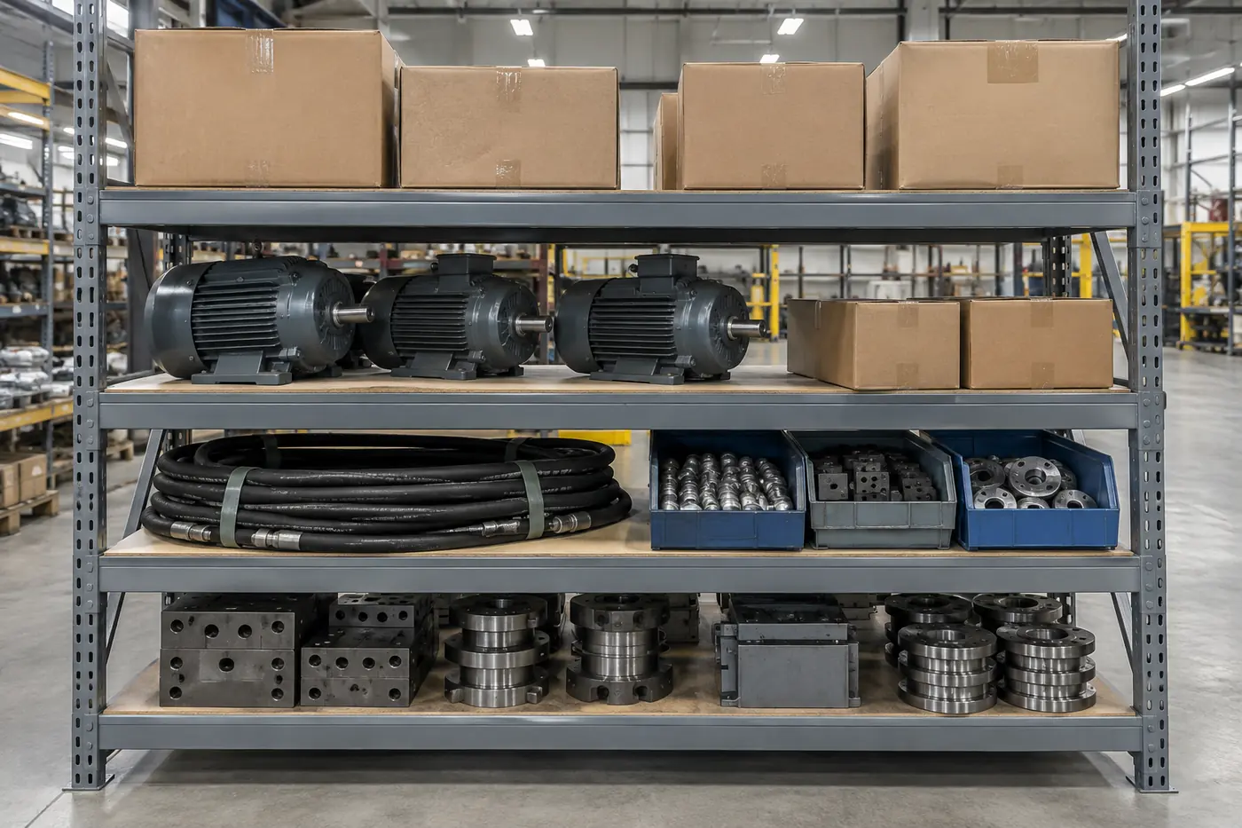 Eight foot wide heavy-duty boltless shelving unit with deep channel beams and particle board decks holding electric motors, hydraulic hose, parts bins and heavy cartons