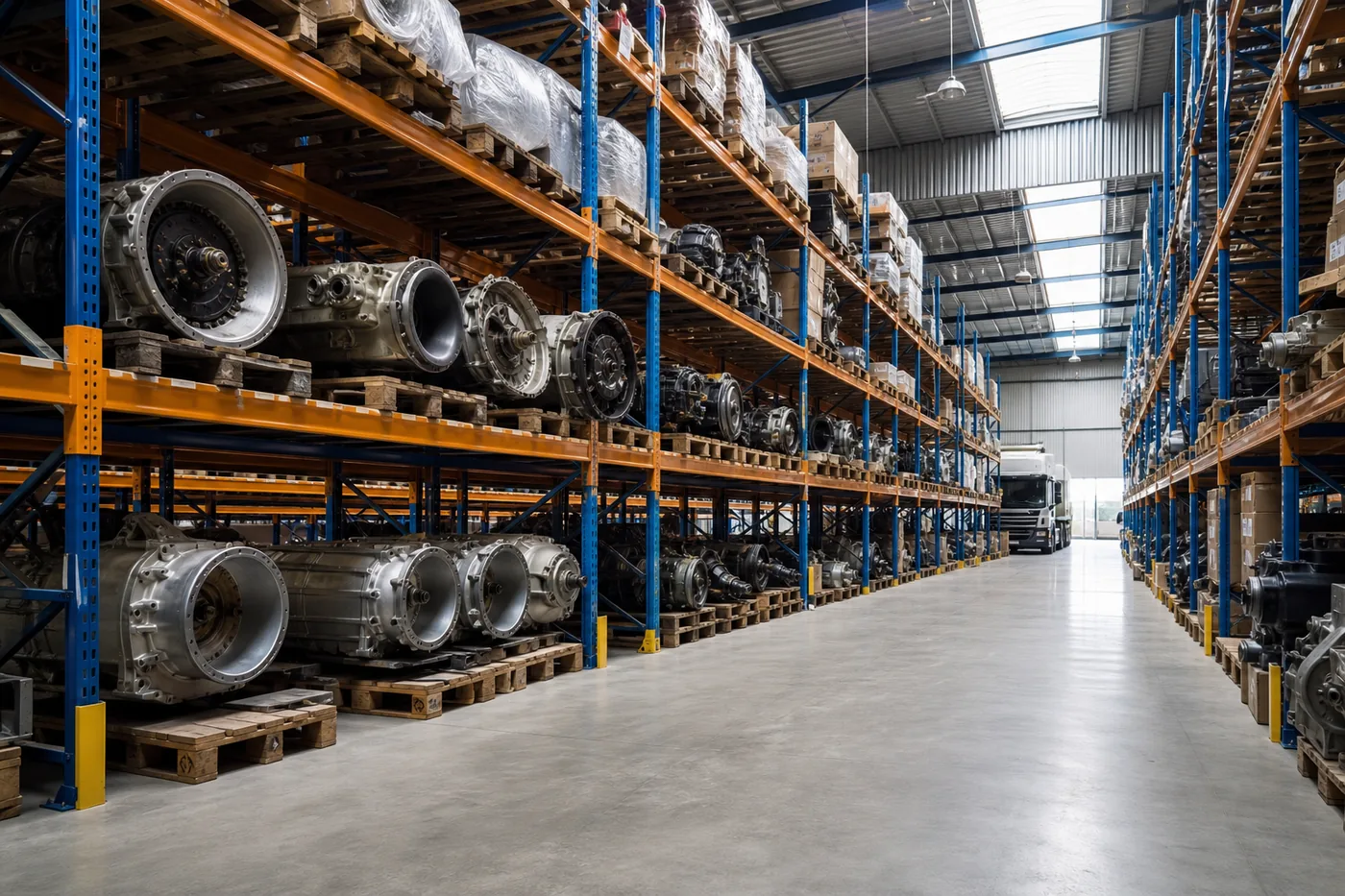 Heavy duty truck dealer parts warehouse with tall shelving aisles and pallet rack