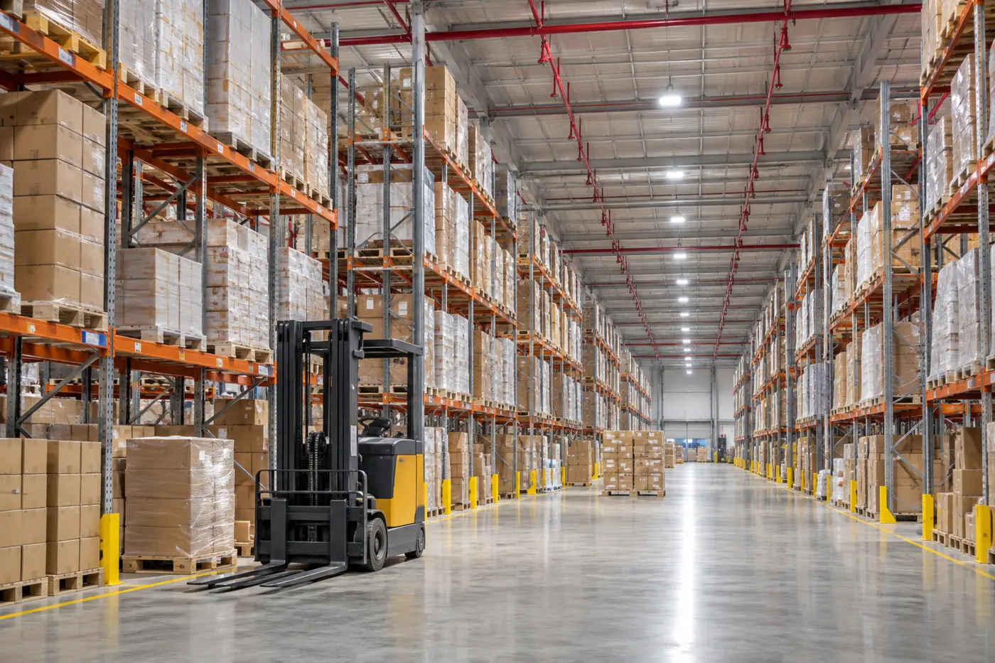 Wide view of a high-bay warehouse with long rows of pallet racking and sprinkler piping running above every aisle
