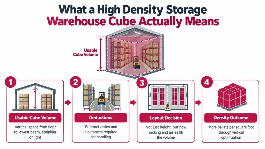 A diagram explaining the concept of high density storage in a warehouse through four distinct process steps.