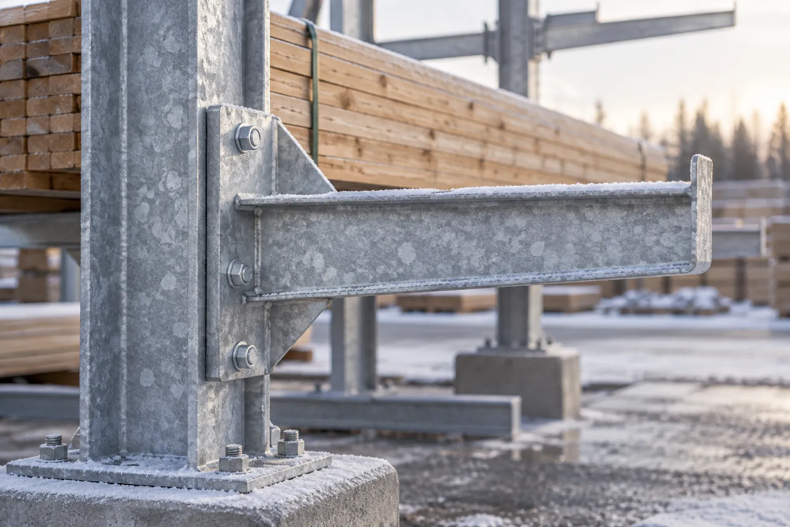 Close-up of a galvanized cantilever column hole pattern with a bolted arm connection