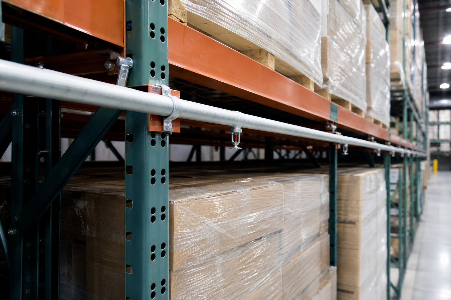 In-rack sprinkler piping running along pallet rack beam levels above palletized stock