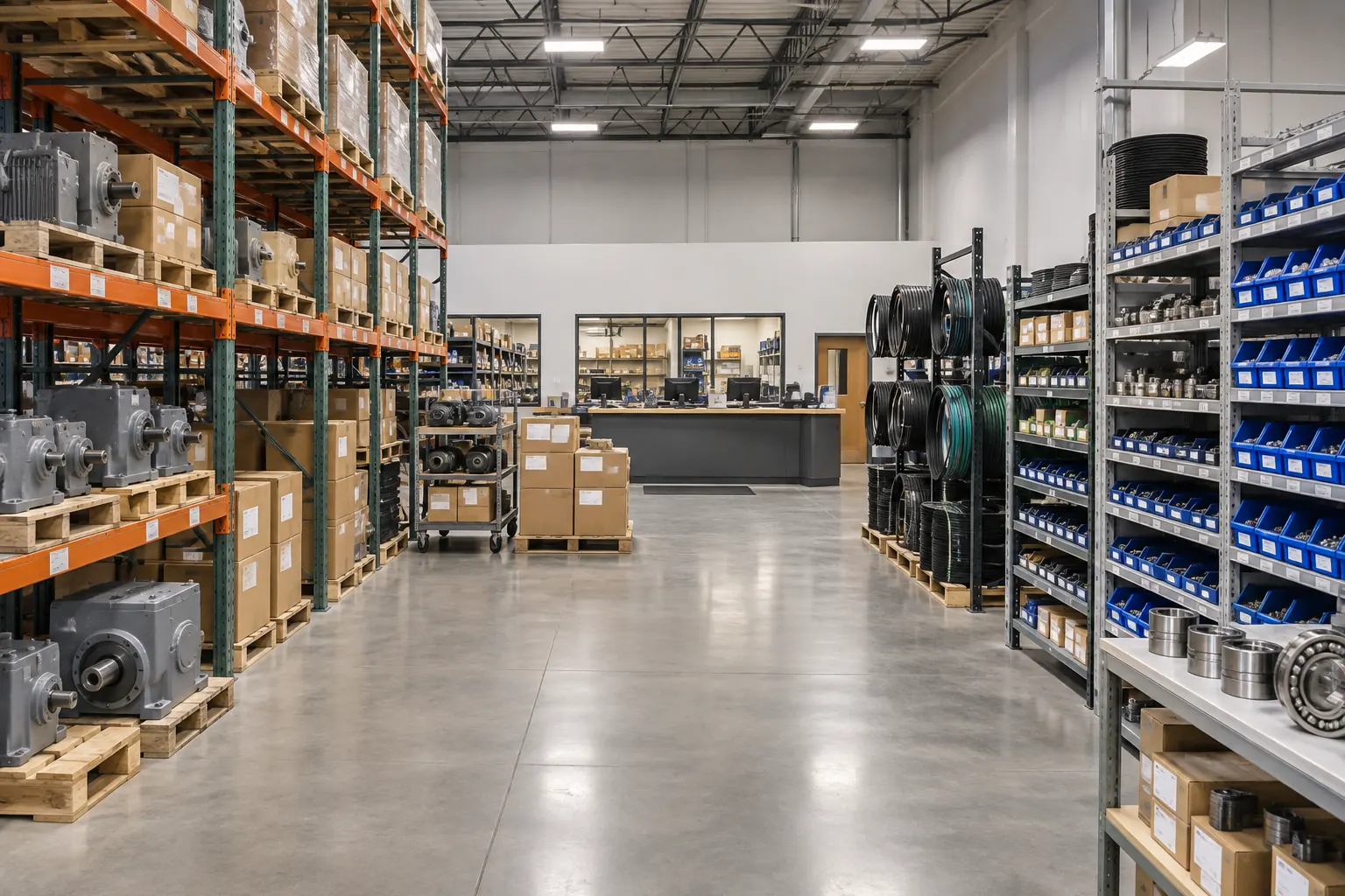 Selective pallet rack holding boxed inventory with bin shelving for small parts in a distributor's service center warehouse