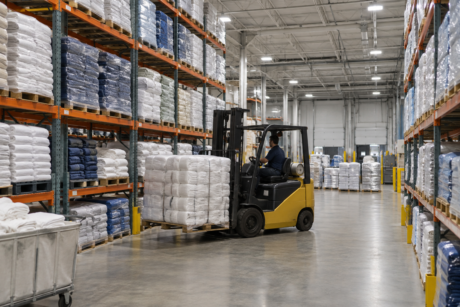Forklift moving a wrapped pallet of clean linen bales through a warehouse aisle lined with steel pallet racking at a commercial laundry service facility