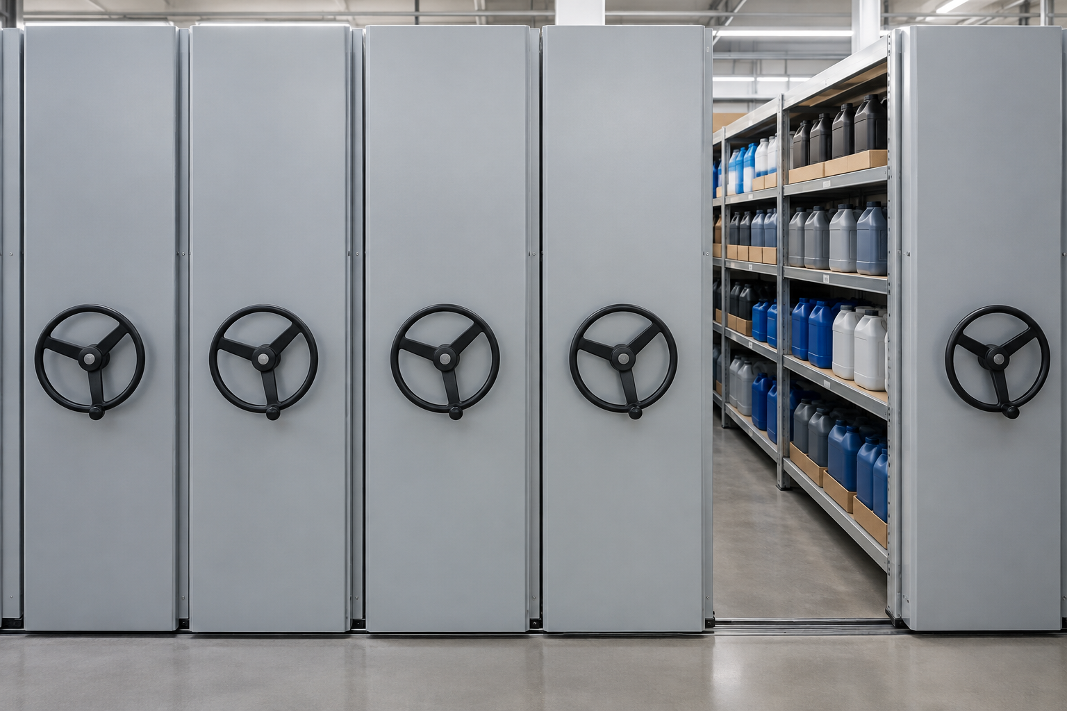 Front-facing high-density mobile shelving carriage ends with three-spoke handwheels in an industrial lubricant storage warehouse