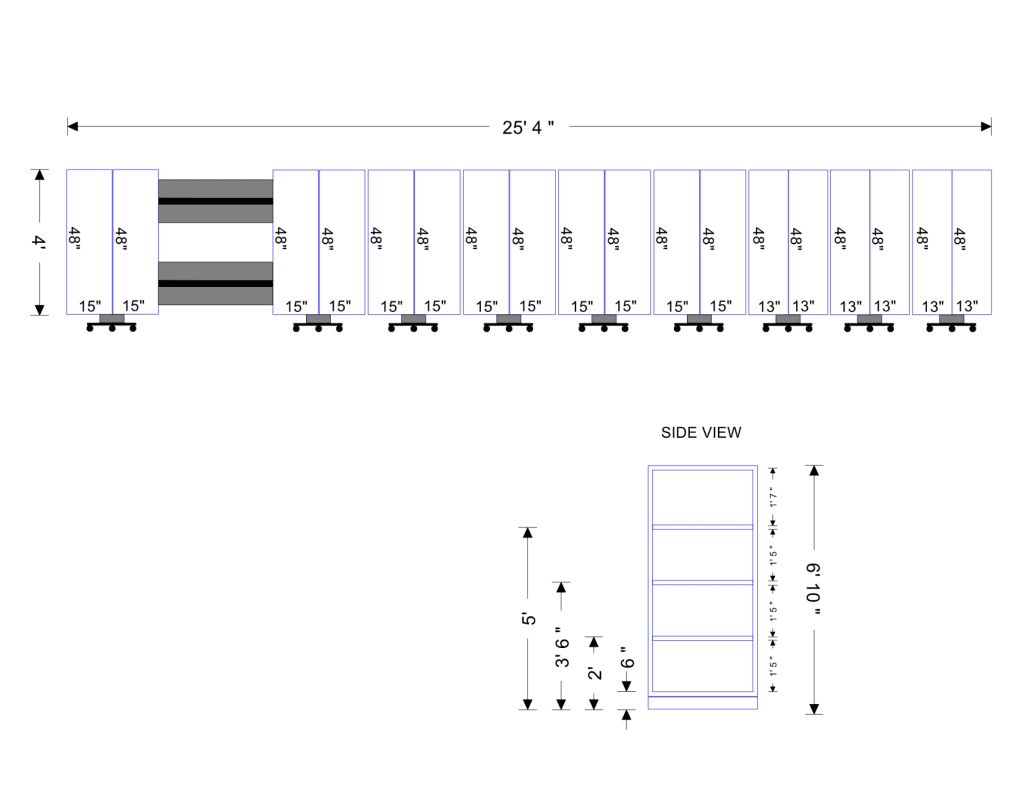 Mobile shelving system layout drawing for an industrial lubricant storage warehouse