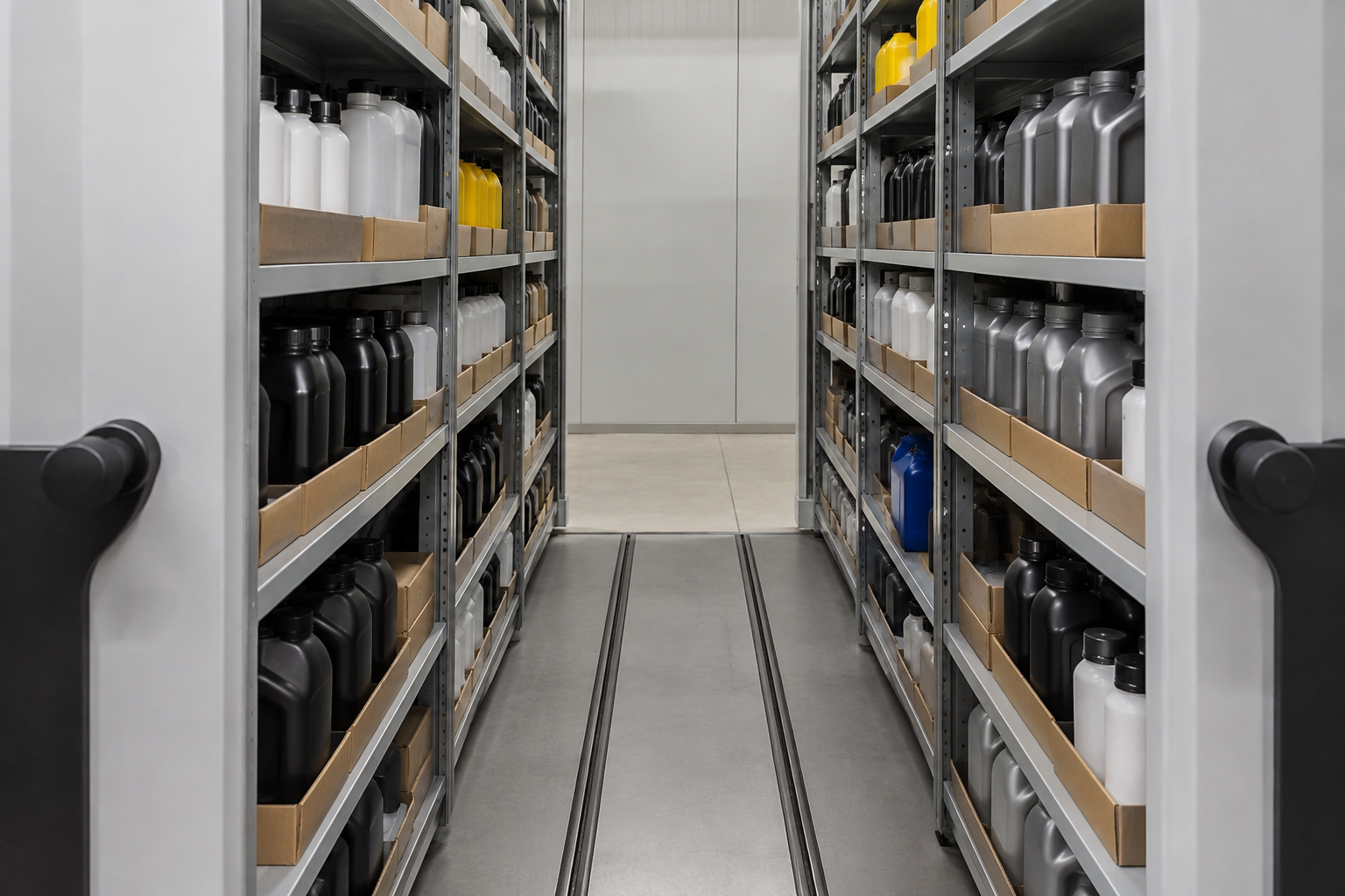 Open aisle inside mobile shelving storing shallow shelves of lubricant bottles and jugs in an industrial warehouse