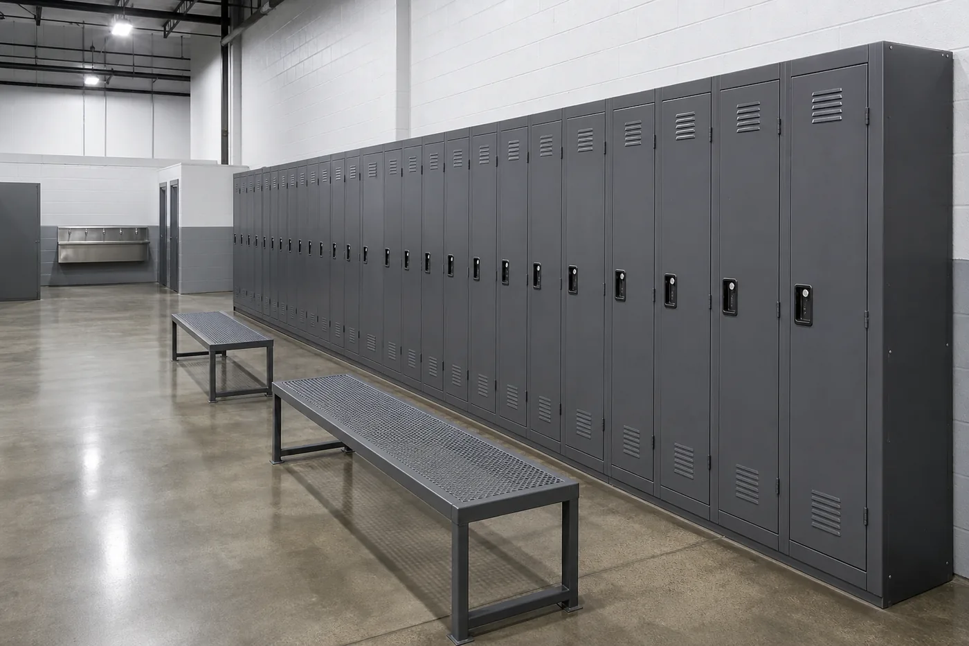 Long single-sided run of gray steel employee lockers along a block wall with two perforated steel benches set out in an open plant locker area