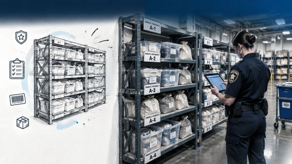 A corrections officer using a tablet to manage inventory in a facility with inmate property storage shelving.