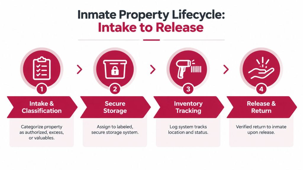A four-step infographic illustrating the inmate property lifecycle from initial intake and storage to final release.