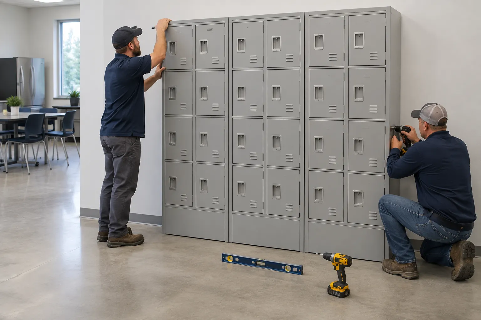 Installers leveling and fastening a bank of gray steel box lockers against a break room wall