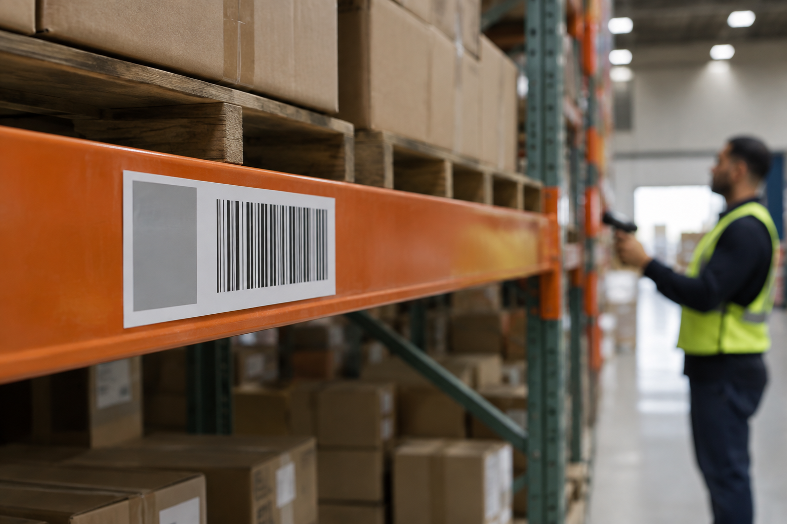 Warehouse worker scanning a barcode location label on a pallet rack beam