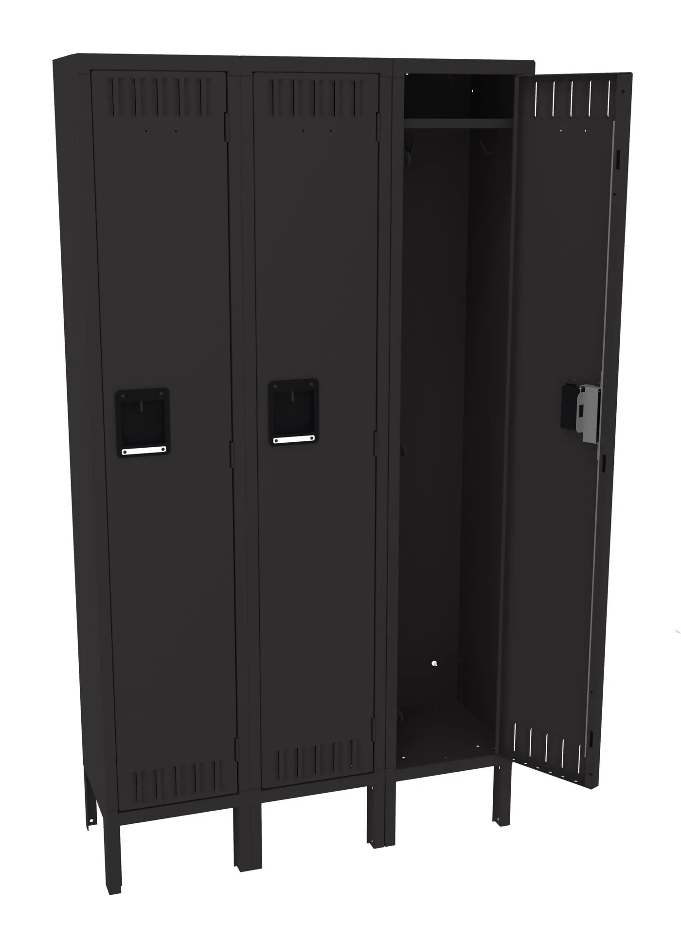 Tennsco three-wide single-tier steel locker in black on legs with one door open
