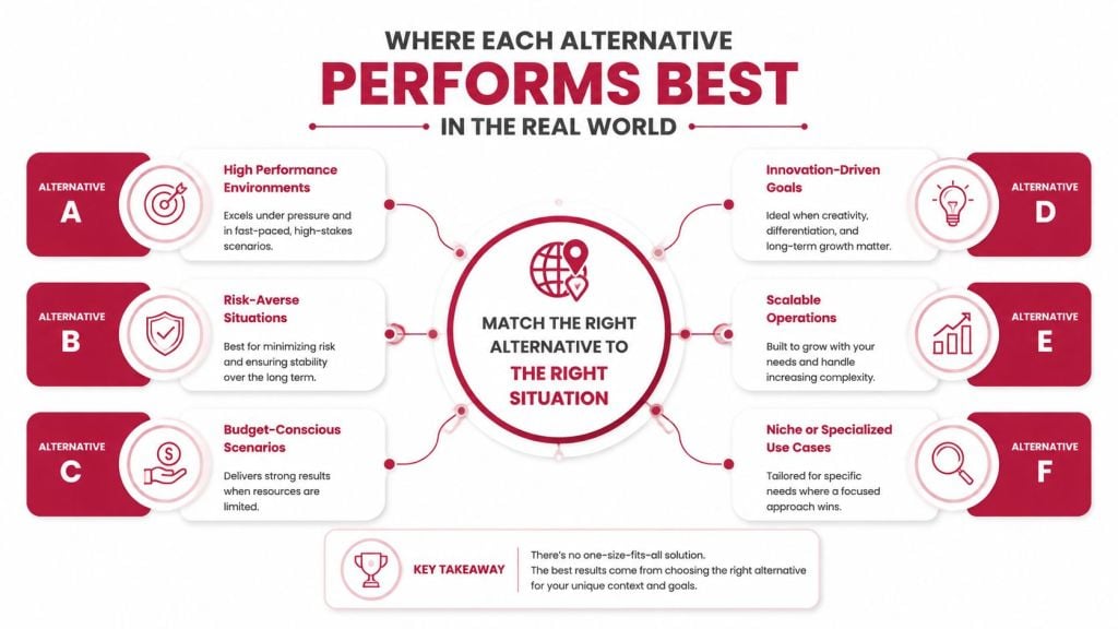 An infographic showing how to match six different business alternatives to various real-world operational scenarios effectively.